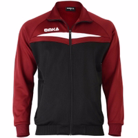 Front view of the Omka sport jacket in wine red color. The jacket features long sleeves, an adjustable waist, and a branded ribbed closure. It is double-layered and includes side pockets with zippers.
