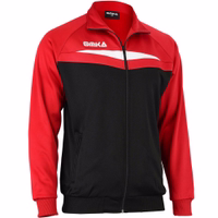 A side view of a red Omka sport jacket featuring zippered side pockets, long sleeves, and a double-layered design. The jacket includes a branded ribbed closure and a turtleneck.