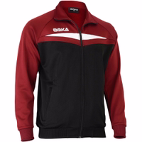 A side view of the Omka sport jacket in wine red, featuring black and white accents. This training jacket is crafted from 100% polyester and includes an adjustable waist and a turtleneck.