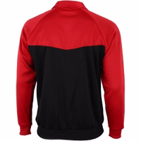 Back view of the Omka sport jacket in red with black accents. Features long sleeves, a turtleneck, and an adjustable waist for a tailored fit. Made from 100% polyester, it’s perfect for jogging with a sporty, stylish look.