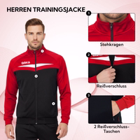 Men's red training jacket with stand-up collar, full front zipper, and two side pockets with zippers, front view