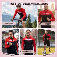 Men wearing red training jacket with full front zipper and stand-up collar, standing in outdoor setting