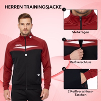 Men's wine rot training jacket with stand-up collar, full front zipper, and two side pockets with zippers, front view