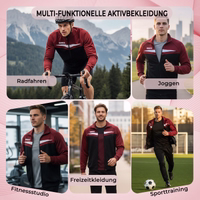 Men wearing wine rot training jacket with full front zipper and stand-up collar, standing in outdoor setting