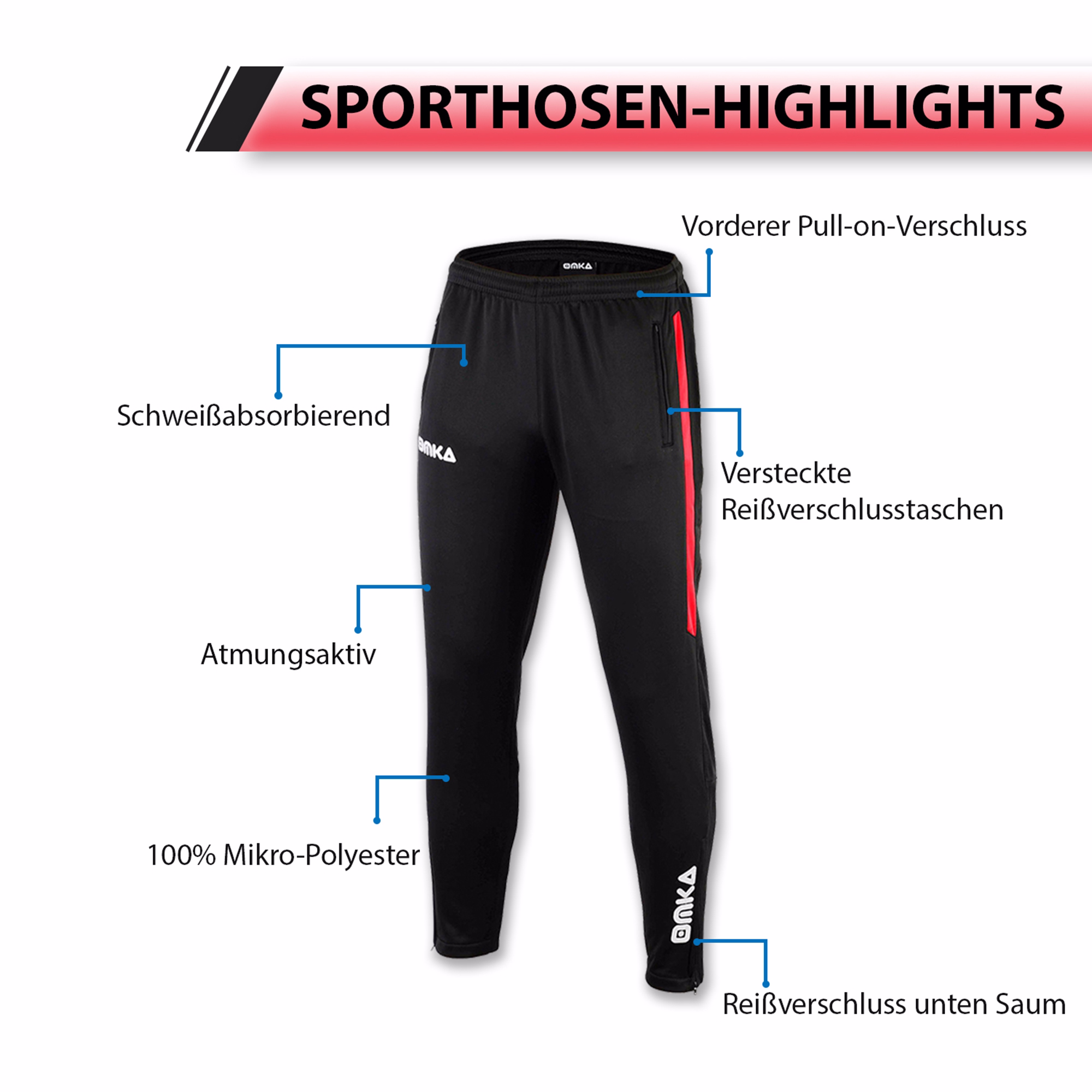 Die OMKA Optima Herren Trainingshose Rot aus leichtem 100% Polyester sorgt für optimale Bewegungsfreiheit beim Workout, Joggen oder Freizeit. Jetzt kaufen.