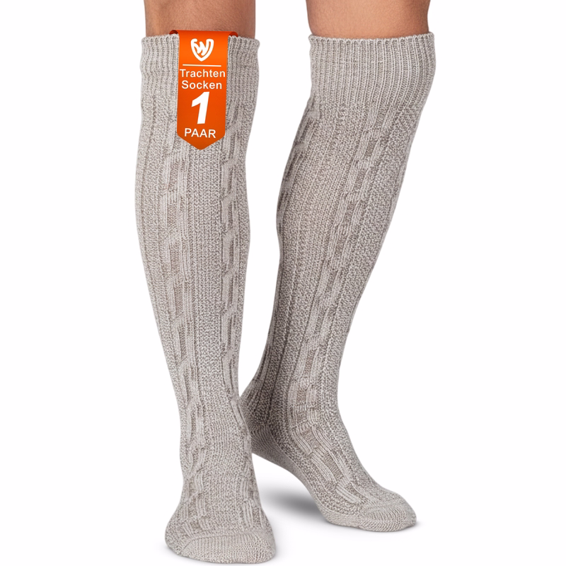 LANGE Trachtensocken Strümpfe Socken Gefleckte bayerische lange Trachten-Socken, als Paar in allen verfügbaren Farben abgebildet, mit elegantem Zopfmuster und rustikalem Design, ideal für das Oktoberfest und Trachtenoutfits.