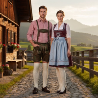 Ein Paar in blauen Dirndln und Lederhosen, das lange Trachtensocken trägt, auf einem sonnigen Balkon in den Alpen.