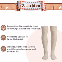 Klassische Socken mit Symbolen für Baumwollmischung, Strapazierfähigkeit und bequeme Passform. Auf dem oberen Banner steht „Trachten“.