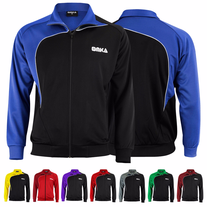 Herren Trainingsjacke Sportjacke Vorder- und Rückansicht der hochwertigen Omka Sportjacke für Herren in Weinrot/Rot. Hergestellt aus 100 % Polyester ist diese erstklassige Fußballjacke ideal für das Training. Mit ihrem eleganten Trainingsanzug-Design vereint sie Stil und Funktionalität fü