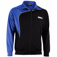Side view of a sleek Omka football jacket, crafted from 100% polyester and featuring a front zipper closure. The jacket showcases 'Omka' text prominently across the chest, adjustable cuffs for a custom fit, and a convenient side pocket with a zipper.
