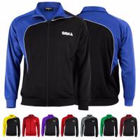 The Omka men's soccer jacket in blue and black, displayed from both front and back views. The lightweight jogging jacket features a stand-up collar, front zipper closure, and is made of 100% polyester.