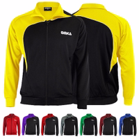 Omka Soccer Jacket in vibrant yellow and black, crafted from 100% polyester. This premium double-layer jacket features a front zipper closure side pockets with zippers and a breathable design. Its stand-up collar adds a touch of style and extra protection.