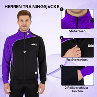 Men's training jacket with text: stand-up collar, zipper, 2 zippered pockets. Details numbered 1 through 3.