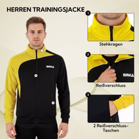 Men's training jacket with text: stand-up collar, zipper, 2 zippered pockets. Details numbered 1 through 3.