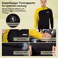 Yellow/Black training jacket by OMKA with text: Double-layered, elastic cuffs, elastic waistband, 4-way stretch.