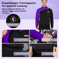 Purple/Black training jacket by OMKA with text: Double-layered, elastic cuffs, elastic waistband, 4-way stretch.