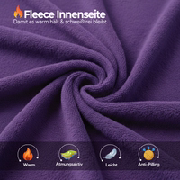 Purple/Black fleece lining with text: Fleece lining, warm, breathable, lightweight, anti-pilling, and icons.