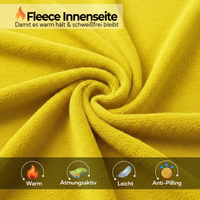 Yellow/Black fleece lining with text: Fleece lining, warm, breathable, lightweight, anti-pilling, and icons.