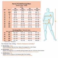 German Wear Men's Size Chart for men's ready-to-wear sizes. The chart shows measurements for chest, waist, hip, and height.