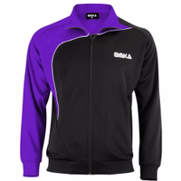 Front view of a purple and black Omka soccer jacket with a full-length zipper closure. Made from 100% polyester, this jacket is ideal for gym workouts and training sessions. Its long sleeves make it a great option for jogging and other outdoor activities.