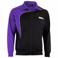 Side view of a streamlined Omka football jacket made from 100% polyester featuring a front zipper closure. The jacket prominently displays the 'Omka' logo across the chest includes adjustable cuffs for a personalized fit and offers a practical side pocket.