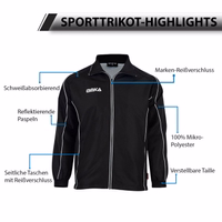 Herren OMKA Sportjacke & Joggingjacke Omka Herren-Fußballjacke, gefertigt aus 100 % Mikropolyester. Diese Jacke bietet schweißabsorbierenden Komfort und reflektierende Paspeln für bessere Sichtbarkeit. Sie verfügt über einen verstellbaren Bund und seitliche Reißverschlusstaschen.