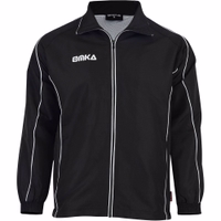 Herren OMKA Sportjacke & Joggingjacke Vorderansicht der Omka-Sportjacke in Schwarz mit weißen Akzenten. Sie verfügt über lange Ärmel, reflektierende Paspeln und einen durchgehenden Frontreißverschluss. Hergestellt aus 100 % Polyester mit V-Ausschnitt und schweißabsorbierenden Eigenschaften – i