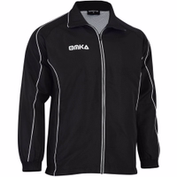 Herren OMKA Sportjacke & Joggingjacke Seitenansicht einer Omka-Sportjacke mit langen Ärmeln und durchgehendem Frontreißverschluss. Die Jacke verfügt über seitliche Reißverschlusstaschen und das Omka-Logo gut sichtbar auf der Brust. Sie ist doppellagig und aus strapazierfähigem Polyestergewebe