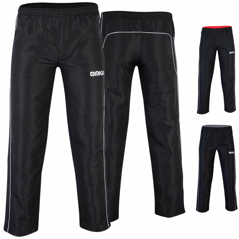 Presentation trousers, sports trousers, jogging trousers Front and back view of Omka OK202T black and red sports pants with white piping, showcasing the sleek design and elastic waistband.