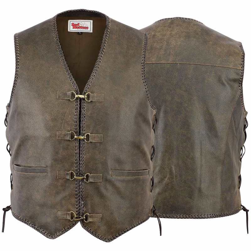 RadMasters, Leather Motorcycle Vest Leathervest Cracker Bikervest Brown Ride with confidence in RadMasters' Brown Cracker Leather Motorcycle Vest Front & Rear views. Crafted from real cowhide, this brown beauty exudes durability and style. Elevate your biker gear with German craft. In Stock. FREE next business day delivery