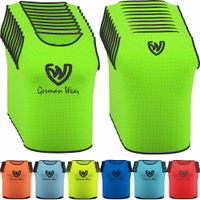 Front and back view of German Wear 10-Pack Soccer Green Bibs made with breathable micro polyester mesh, elastic short sleeves and durable stitching, ideal for soccer training and team practice, buy now