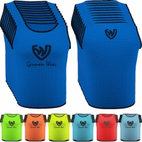 Vorder- und Rückansicht der German Wear 10er-Pack Fußball-Leibchen in Königsblau, aus atmungsaktivem Mesh mit elastischen Kurzärmeln – leichte, langlebige Westen, ideal für Fußball- und Teamtraining. Jetzt kaufen!