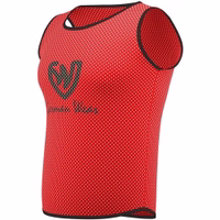 Side view of German Wear 10-Pack Soccer Red Bibs showing lightweight elastic design, air mesh short sleeves and comfortable fit, easy to wash and durable for long term training use, buy now