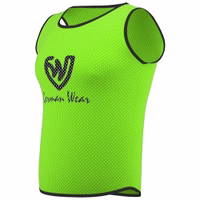 Side view of German Wear 10-Pack Soccer Green Bibs displaying lightweight mesh material with elastic fit, soft and comfortable short sleeve design for long lasting team training sessions, buy now