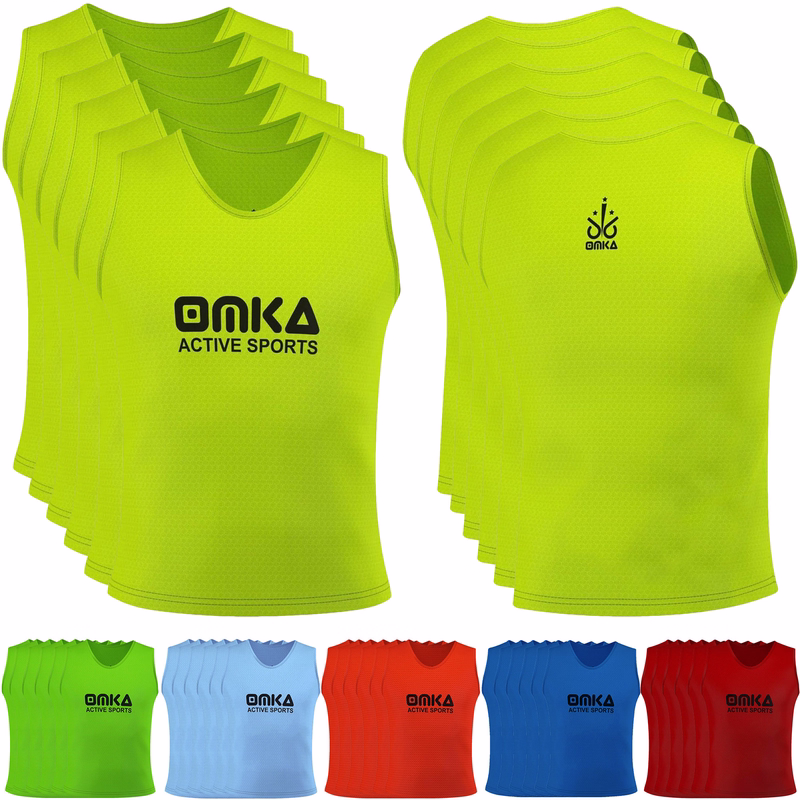 OMKA 6-Pack Sport Bib Front and Back view of OMKA 6-Pack Sport Green Bib showcasing lightweight, breathable polyester mesh training bibs with D-Shape Neck for maximum comfort during sports sessions. Buy now.