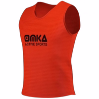 OMKA 6-Pack Sport Bib Side view of OMKA 6-Pack Sport Orange Bib displaying lightweight, sleeveless construction suitable for soccer, handball, volleyball, or other sports sessions. Get online.