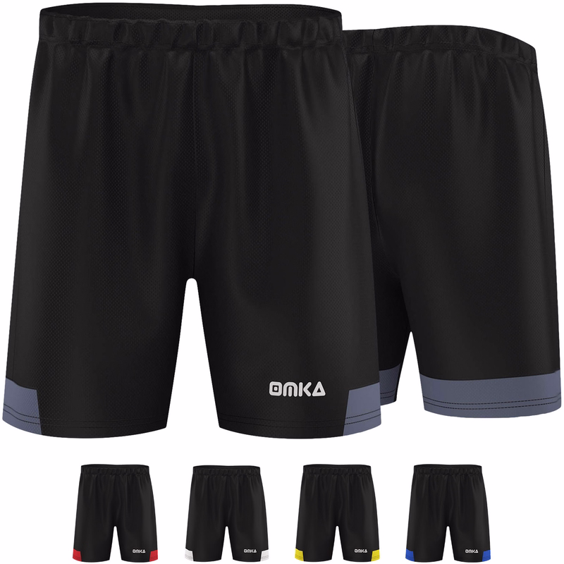 OMKA men's sports trousers Yellow men’s football shorts front and back view showing breathable, quick-dry polyester fabric designed for sports, running, training, and fitness.