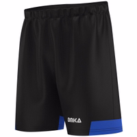Blaue Fußballshorts in Seitenansicht, die die ergonomische Passform für Fußball, Laufen und Training hervorheben.
