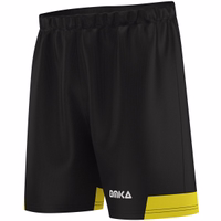 Gelbe Fußballshorts in der Seitenansicht, die das ergonomische Design und die athletische Passform zeigen.