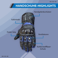 Blaue Motorradhandschuhe & deutsche Lederhandschuhe. Für moderne Biker: Kalbsleder, besserer Griff, Handgelenksschutz, Klettverschluss, Belüftung und Carbonfaser-Schutz. Mit weichem Fleecefutter für Wärme und Komfort bei kühlen Fahrten.