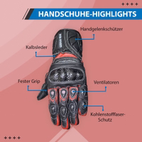 Red motorbike &German Leather Gloves. Designed for modern bikers, the calfskin gloves offer better grip, wrist protectors, a Velcro strap, ventilators, and carbon fiber protection. Lined with soft fleece, they ensure warmth &comfort on chilly rides.