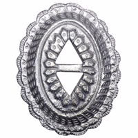 4 pcs Concho set for leather vests from German Wear Front view of silver conchos for motorcycle vest. Durable 100% metal biker vest conchos, perfect for leather vests, jackets, hats, belts, and western kutte with a vintage silver style.