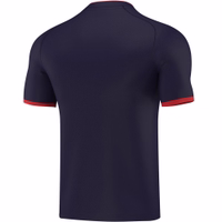 OMKA soccer jersey teamwear Back view of a navy blue Omka football shirt featuring a breathable design, ideal for workouts. This high-performance sports shirt is made from polyester, offering durability and comfort for athletic activities.