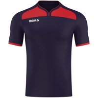 OMKA soccer jersey teamwear Front view of the OMKA soccer shirt featuring a U-neck design. This premium quality navy blue sports shirt is accented with a bold red panel on the shoulders.