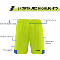 Yellow men’s football shorts detailed features, double layer construction moisture control and durable design.