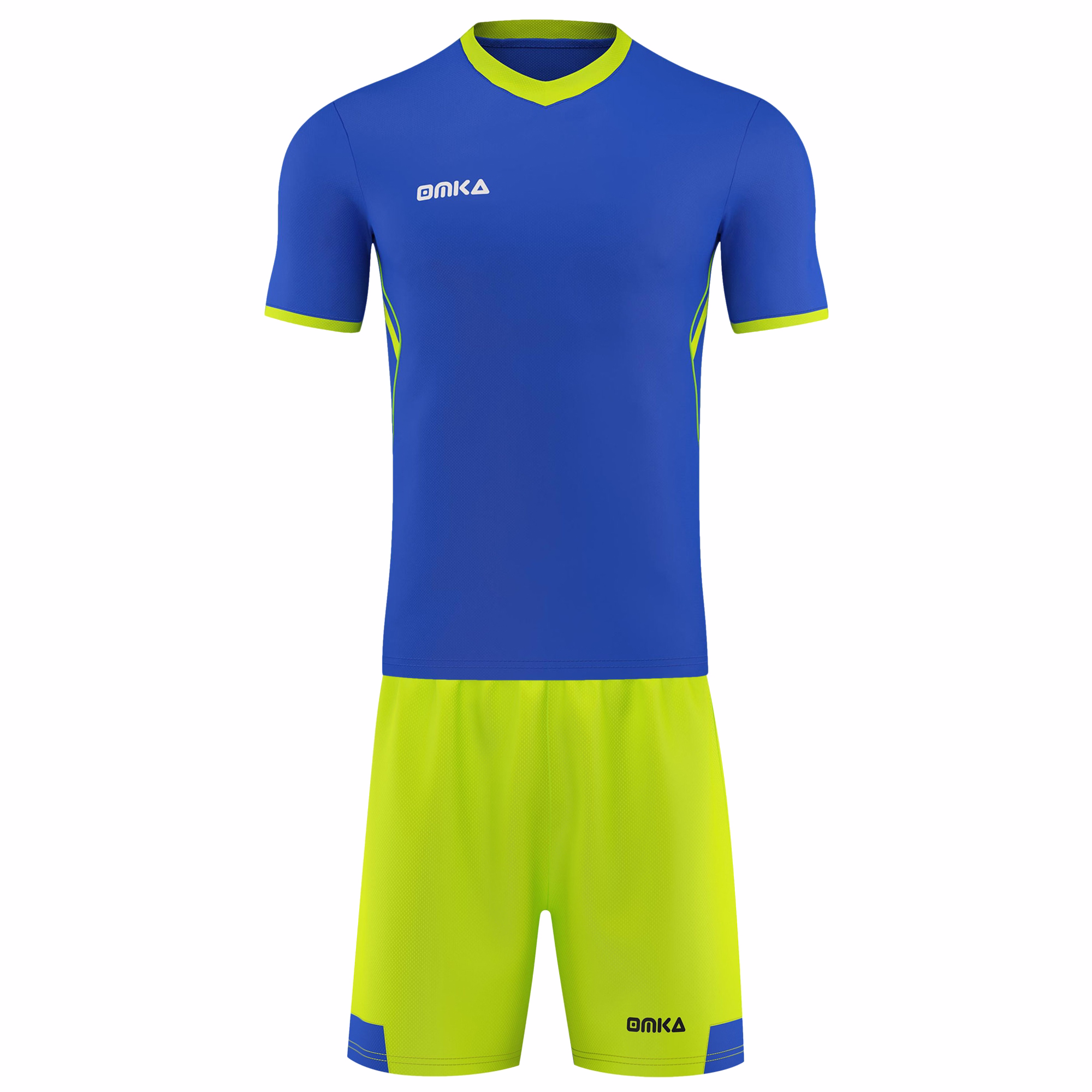 Blaues Frontdesign mit Trikot und Shorts, 2-teiliges OMKA-Teamwear-Set für Herren aus atmungsaktivem Polyester für Fußball, Fitness und Multisport-Training.
