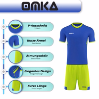 OMKA jersey set, 2 pieces Blue features show image displaying premium polyester fabric, strong stitching, and breathable design for football and multi-sport training wear.
