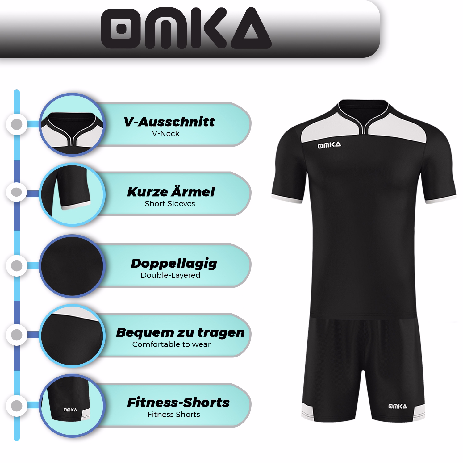Omka Herren-Sportset: V-Ausschnitt-Shirt mit kurzen Ärmeln und doppellagigem Design für zusätzlichen Komfort. Inklusive passender Fitness-Shorts für ein komplettes Sportoutfit.