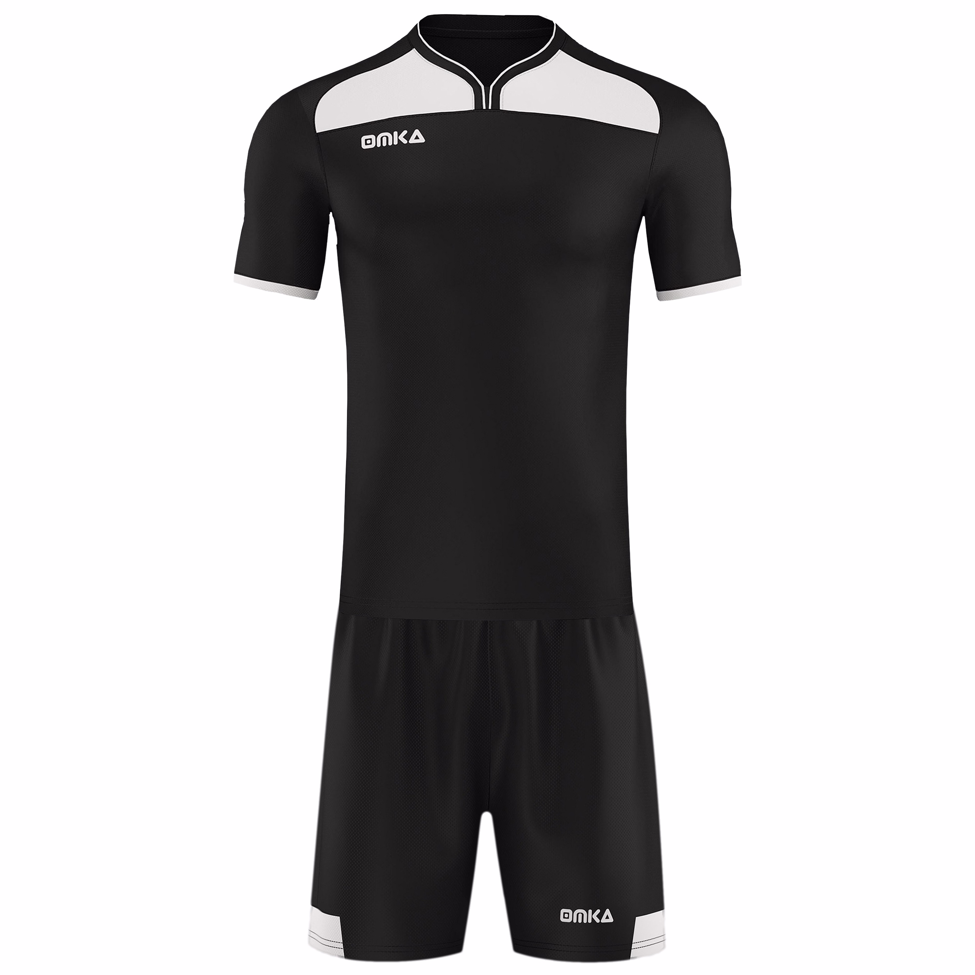 Vorderansicht des Omka Fußballtrikots in Schwarz mit weißen Akzenten und passenden Shorts. Mit V-Ausschnitt, kurzen Ärmeln und bequemem Bund. Das Trikot zeigt das Omka-Logo auf der Brust und verfügt über einen praktischen Pull-on-Verschluss für einfaches A