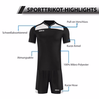 Men Soccer Team Sport Jersey set 2-piece Omka black sport set featuring a short-sleeve jersey and matching shorts. Designed with a pull-on closure, this set is crafted from 100% micro polyester, ensuring sweat absorption and breathability for optimal comfort.